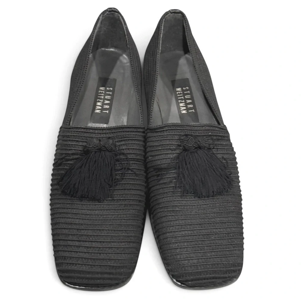 Stuart Weitzman Paisano Stretch Loafer 9B Black Textured Tassel Shoes Old Money